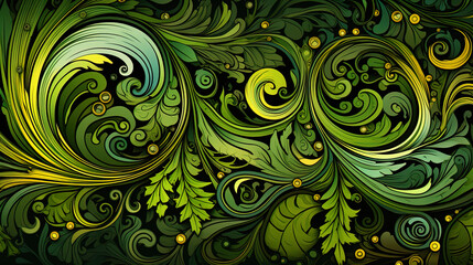 Curls and ornate shapes on an organic background, like plant patterns