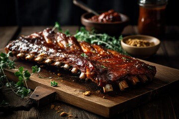grilled pork ribs with sauce, grilled pork ribs on a grill bbq, berbecue - obrazy, fototapety, plakaty