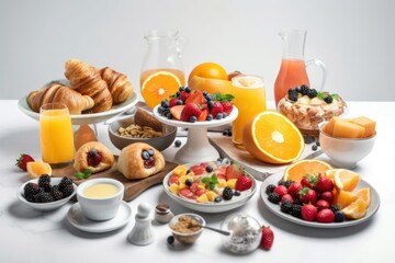 breakfast with coffee, orange juice, croissant, pie, cake and fruits
