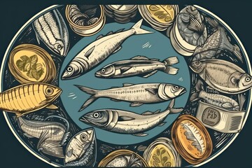 vintage illustration with fish cans jars