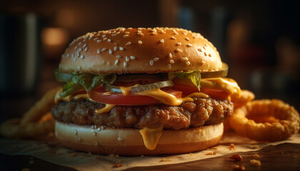 Grilled beef burger with cheese, tomato, and fresh onion generated by AI