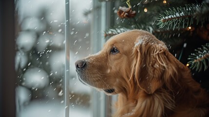 Golden retriever dog looking out the window