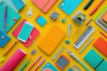 A stylized flat lay of colorful stationery and gadgets on a desk, ideal for showcasing productivity and organization 