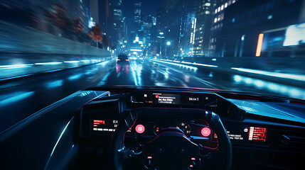 Gameplay of a Racing Simulator Video Game with Interface. Computer Generated 3D Car Driving Fast and Drifting on a Night Hignway in a Modern Megapolis City. VFX Image Edit. Third-Person View