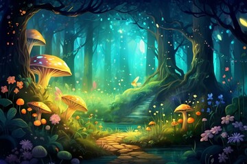 Fototapeta na wymiar Illustration of a magical forest with fairies, ideal for children's wallpaper. Generative AI