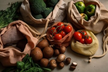 vegetables and fruits on bags