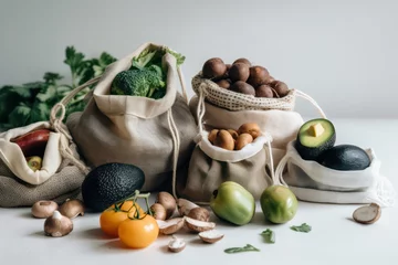 Foto op Plexiglas fresh vegetables on a bags white background © STOCKYE STUDIO