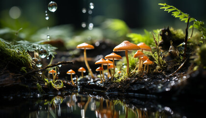 Freshness of autumn growth in uncultivated forest, close up of toadstool generated by AI