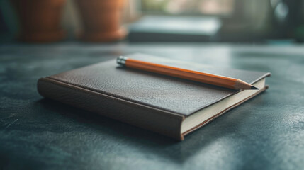 Plain notebook on a desk with a pencil, soft light.