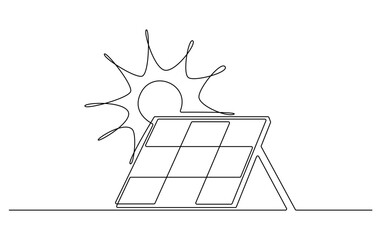 Sun and solar panel continuous one line icon drawing. Energy of sun with ecology power station vector illustration in doodle style. Contour line sign for innovation, environment, renewable