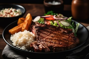 grilled steak with rice and vegetables on plate 