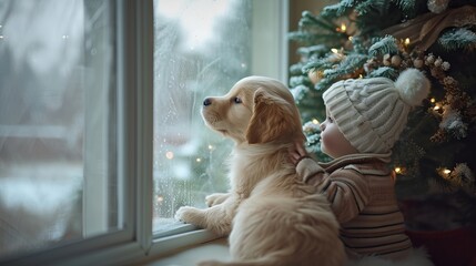 Toddler and a golden retriever puppy looking out the window - obrazy, fototapety, plakaty