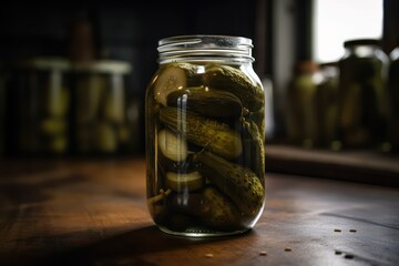 pickled cucumbers in glass jar - obrazy, fototapety, plakaty