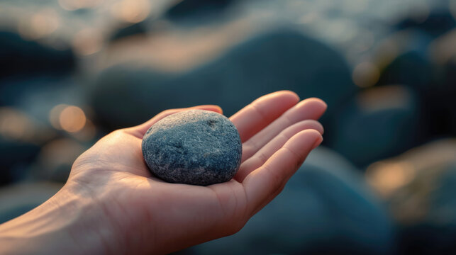 Close-up of a hand holding a smooth pebble, soft focus background.
