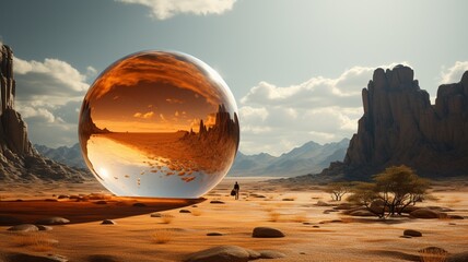 Inside glass ball sphere in desert with the sun lighting wallpaper AI generated picture