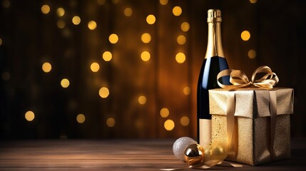 Minimalistic Clean Happy New Year 2024 Background with Bright Lights, Gifts, and Champagne Bottle AI Generated