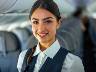 Fototapeta premium Closeup Portrait of a female flight attendant in an airplane, standing with poise and smiling at the camera, 
