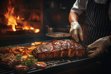 Grill restaurant kitchen. close up A chef in black cooking gloves uses a knife to cut smoked pork...