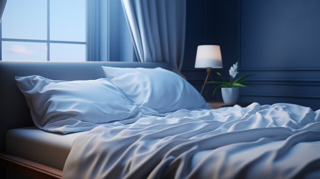 Sleep day, asleep and health problems, insomnia, soft bed time night lazy pillow comfort room, relax melatonin, woman man girl boy, moon star, banner copy space greeting card background.