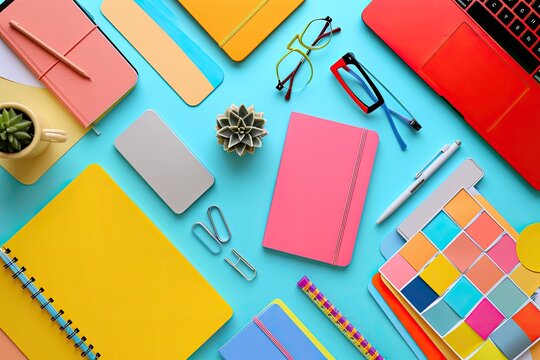 A stylized flat lay of colorful stationery and gadgets on a desk, ideal for showcasing productivity and organization 