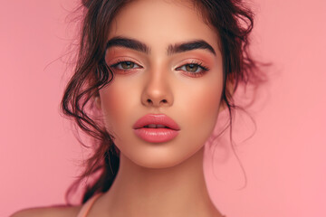 Beautiful Indian woman with pink lips and eye shadow on the pink background