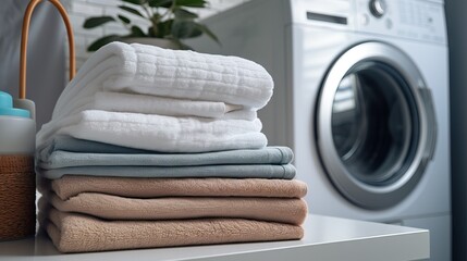 Freshly laundered towels stacked beside a washing machine.