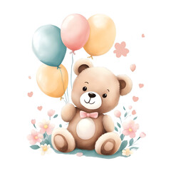 teddy with balloons and flowers, valentine's day