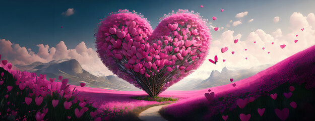 Arboreal Affection in a Pink Landscape. A heart shaped tree on vivid blush colored field, petals in the air, whimsical expression of nature's endless capacity for love. Valentines day background. - obrazy, fototapety, plakaty