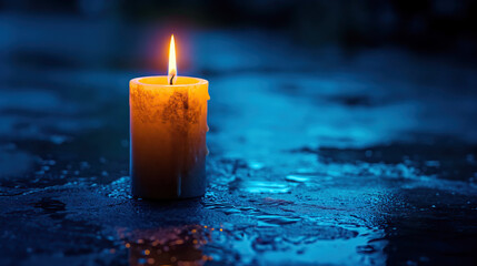 Moody candlelight on a rain-soaked surface under evening light.