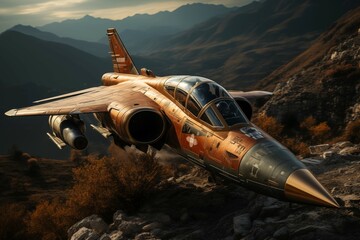 A fantastic, unreal fighter jet over the mountains
