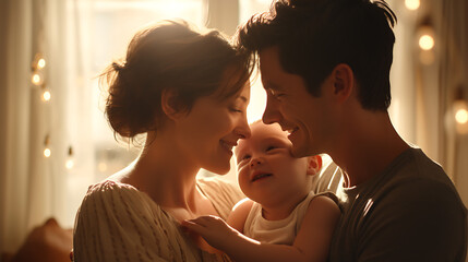 A mother and father embracing their baby in a sunlit bedroom, expressing love and warmth in a candid and realistic HD photograph