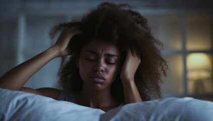 Young African American woman having trouble sleeping - obrazy, fototapety, plakaty
