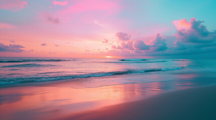 Fototapeta na wymiar Beautiful sunset over a sandy beach and ocean, in the style of light teal and light magenta, spectacular backdrops.
