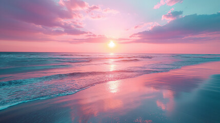 Beautiful sunset over a sandy beach and ocean, in the style of light teal and light magenta, spectacular backdrops. - obrazy, fototapety, plakaty