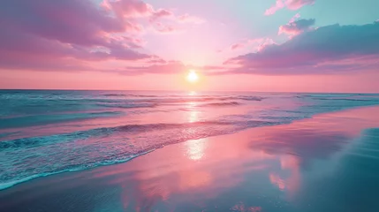 Schilderijen op glas Beautiful sunset over a sandy beach and ocean, in the style of light teal and light magenta, spectacular backdrops. © Konstantin Gerasimov