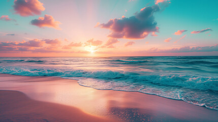 Beautiful sunset over a sandy beach and ocean, in the style of light teal and light magenta, spectacular backdrops.