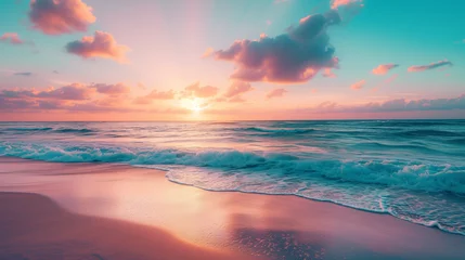Foto op Canvas Beautiful sunset over a sandy beach and ocean, in the style of light teal and light magenta, spectacular backdrops. © Konstantin Gerasimov