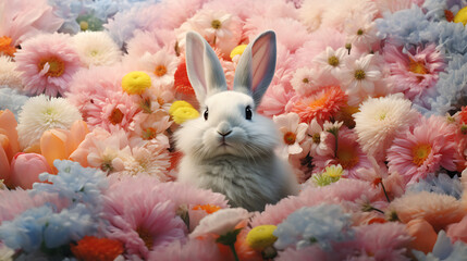 an Easter bunny nestled in a bed of pastel-colored flowers, creating a picturesque and realistic wallpaper perfect for celebrating the holiday season, captured in high definition - Powered by Adobe