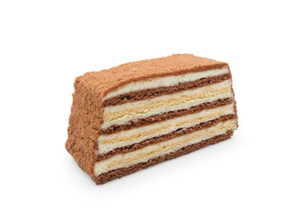 Piece of chocolate layer cake isolated on white background