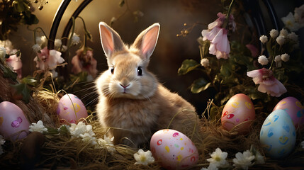  an Easter bunny surrounded by intricately decorated eggs, forming an elegant and festive wallpaper that exudes the charm of the holiday, captured in high definition