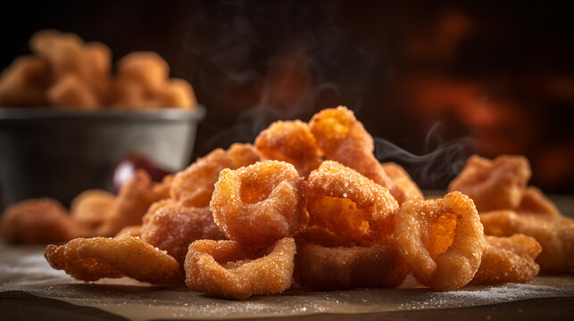 Chicharrones de Cerdo Crispy Fried Pork Rinds on wooden background