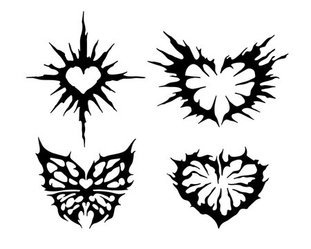 Neo tribal heart set and butterfly wings in grunge gothic style for Valentine, Y2K design, or tattoos. Isolated vector illustration