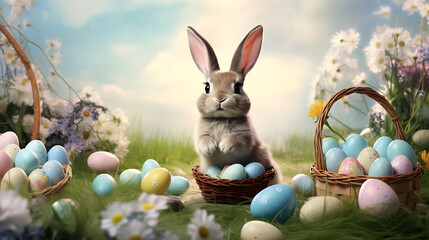 an Easter bunny with a bow tie and a basket full of painted eggs, creating a cute and realistic wallpaper that brings a touch of whimsy to the holiday, captured in high definition