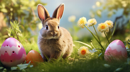 Fototapeta na wymiar an Easter bunny with a fluffy tail and ears, sitting in a patch of green grass, creating a charming and realistic wallpaper that captures the innocence and charm of the holiday, in high definition