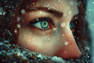 Intricate ice crystals cling to the delicate lashes of a winter-eyed woman, revealing a mesmerizing closeup of her captivating gaze
