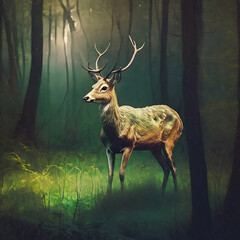  A deer standing in mystery the forest. Abstract In Image Of Green, Digital painting. 3d illustration.
