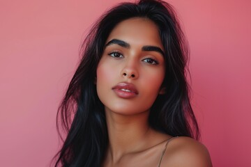 Beautiful Indian woman with pink lips and eye shadow on the pink background
