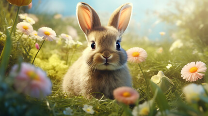 an Easter bunny with a fluffy tail and ears, sitting in a patch of green grass, creating a charming and realistic wallpaper that captures the innocence and charm of the holiday, in high definition