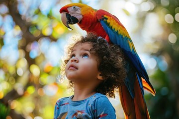 A curious toddler embraces nature as he becomes one with a colorful macaw perched atop his head amidst the lush greenery of the outdoors