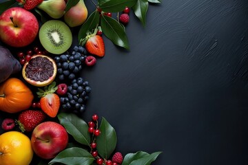 Assortiment de fruits sur un fond noir en ardoise, image avec espace pour texte - Powered by Adobe